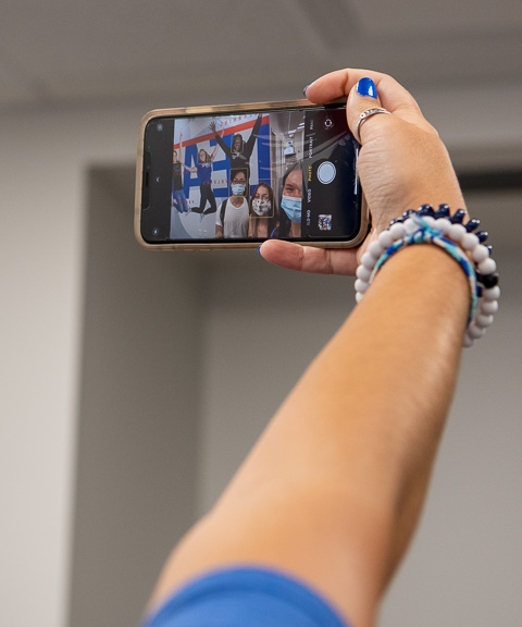 As part of a First Year Experience scavenger hunt, students are encouraged to stop by the LEAP Center and take a selfie with this eye-catching wall art showing – appropriately enough – students “leaping.”