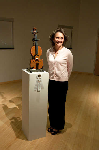 Cindy Warner English, %E2%80%9986, of Montoursville, created 'Viola' from Lego blocks. The piece received third place as part of the alumni exhibition. (Photo by Michael R. Fischer, student photographer)