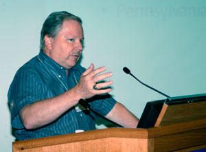 Larry L. Michael, executive director of workforce and economic development at Penn College, outlines the day's agenda.