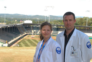 Howard J. Lamade Stadium provides a scenic backdrop for Nichole P. Knight and George L. Fichter, both of Williamsport, who were among the Pennsylvania College of Technology students helping to provide health care during this year's Little League Baseball World Series.