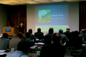 Lauren Bryson, statewide Industrial Resource Center Network director, delivers a keynote address on trends in Pennsylvania manufacturing during Haas Automation%E2%80%99s 2011 Pennsylvania Haas Technical Education Center CNC Technology Training Conference at Pennsylvania College of Technology.