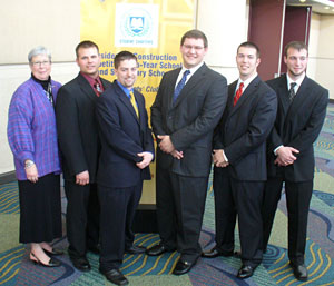 At the International Builders Show are, from left, Pennsylvania College of Technology President Davie Jane Gilmour and members of the college%E2%80%99s national champion team of two-year construction students%3A Bryan T. Hay, Bradford E. Ickes, Louis A. 'Chip' Rizzo III, Cory M. Mills and Wesley R. Hazelett.