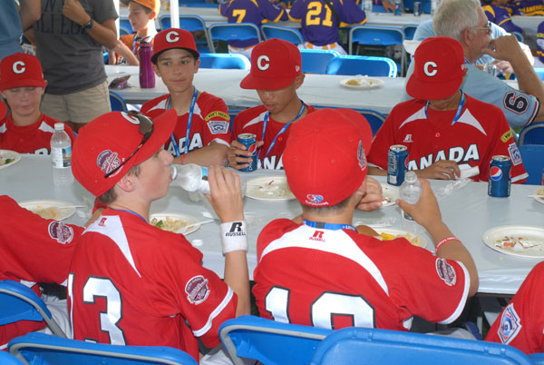 Canada's team, representing Langley, British Columbia, enjoys an alfresco meal prepared by the college's Hospitality Services.