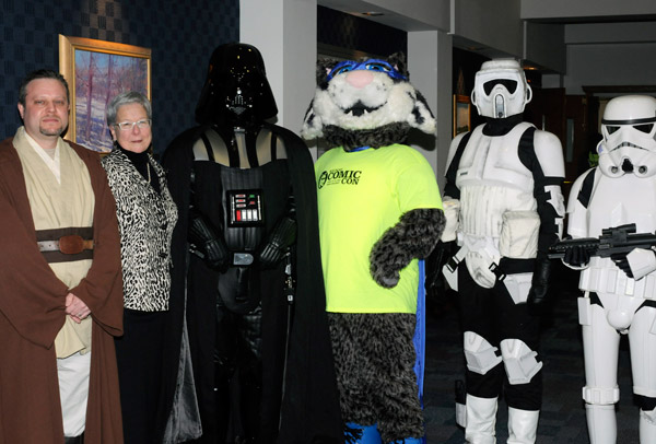 President Gilmour joins the Wildcat and several "Star Wars" characters, including Obi-Wan Kenobi (in the person of Jeffrey D. Filko, left), assistant director of dining services.