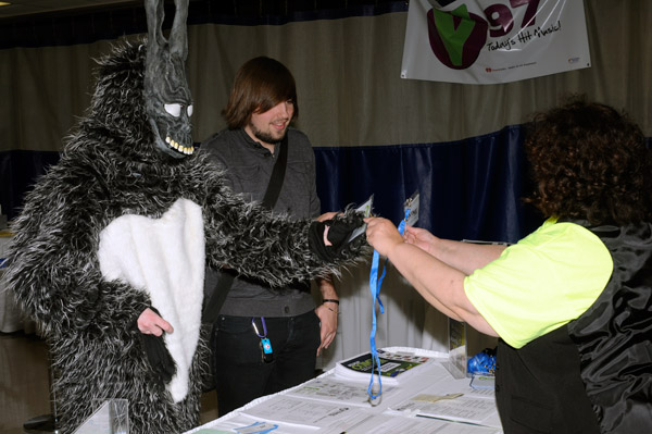Registrants at the Field House with Joann L. Eichenlaub, library circulation services manager, include Frank, the demonic bunny from "Donnie Darko."