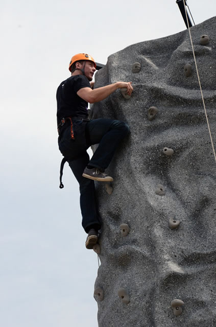 The National Guard erected a climbing wall outside Madigan Library.