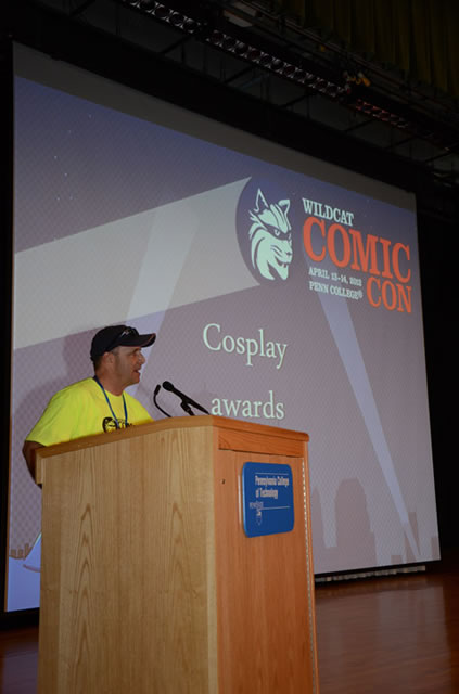 With a "Thank you" to sponsors, presenters and the Penn College hosts of Wildcat Comic Con, John Shableski begins the closing ceremonies.