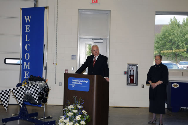 The chairman of the board (joined by the college president) salutes Penn College's automotive program, a hallmark of technical education and one of the oldest such offerings in the country.