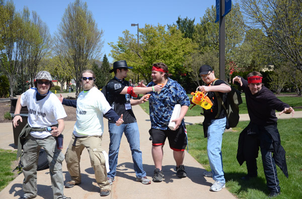 Armed for battle, members of the Gamers' Guild prepare to defend their campus from harm.