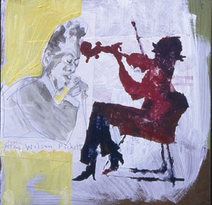 Warren Linn's Wilson Pickett with Strings,%22 2004, collage and acrylic on Masonite.