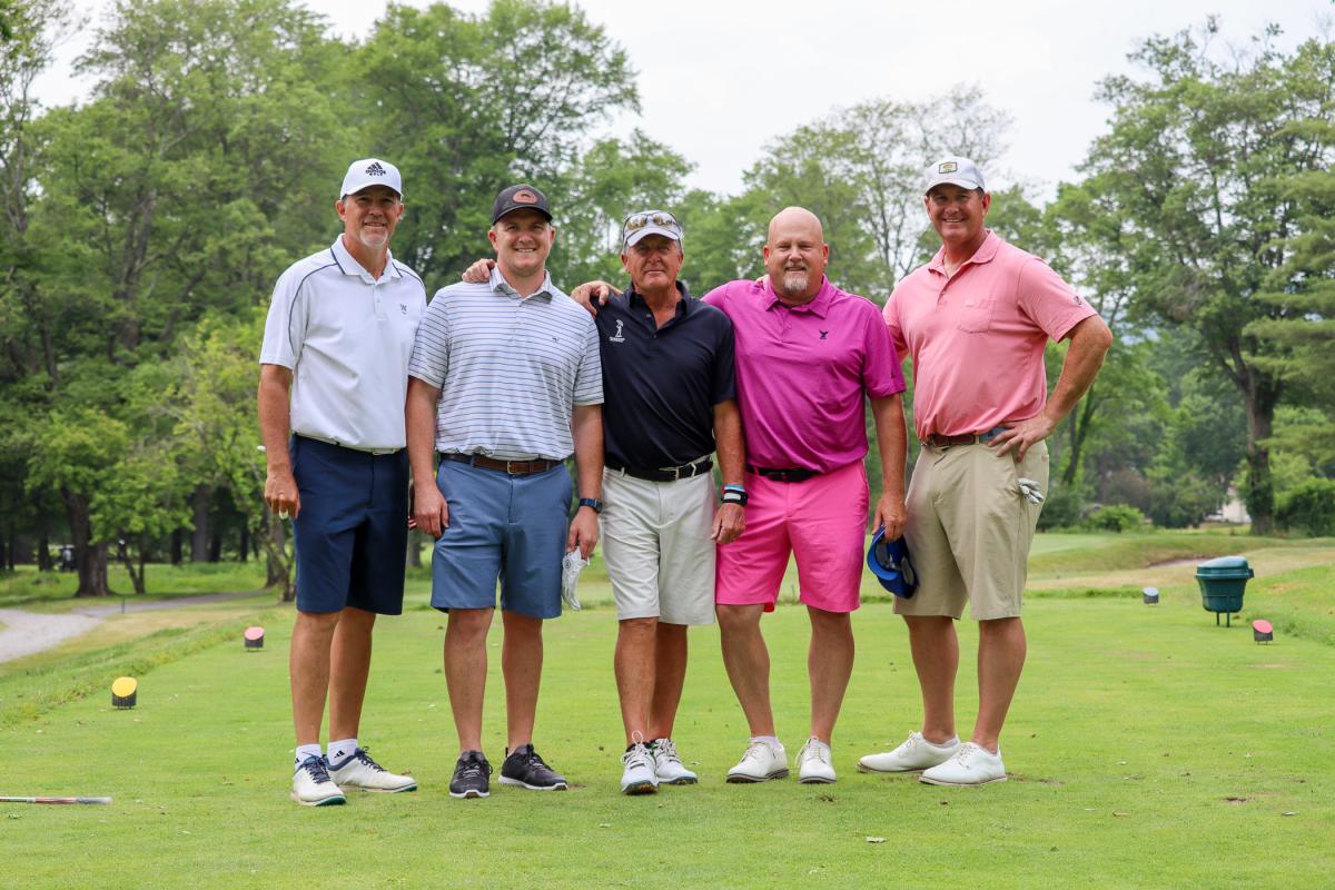 The team from Allison Crane & Rigging lines up at the tee. From left are baseball hall-of-famer Mike Mussina (whose son is on the Wildcat golf team); Michael Richardson; Funk; Jerry Mahonski (a 1987 alum who serves on the college's HVAC Technology Advisory Committee); and Larry Allison.