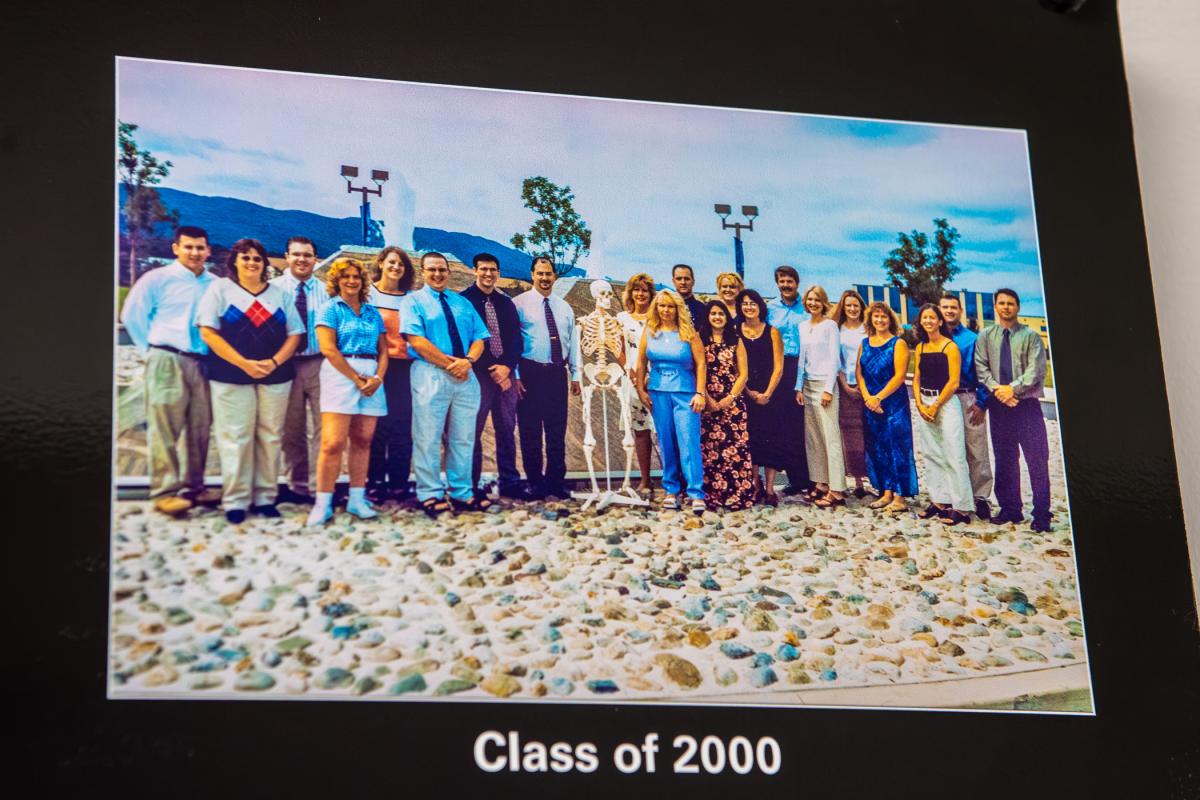 Calla is standing to the left of the skeleton in this Class of 2000 photo that adorns the PAC lobby wall. The alumnus is a certified physician assistant working in critical care and neural critical care on a per diem basis for UPMC Harrisburg and on a locum tenens (fill-in) basis for other hospitals in Pennsylvania, Maryland and Florida. 