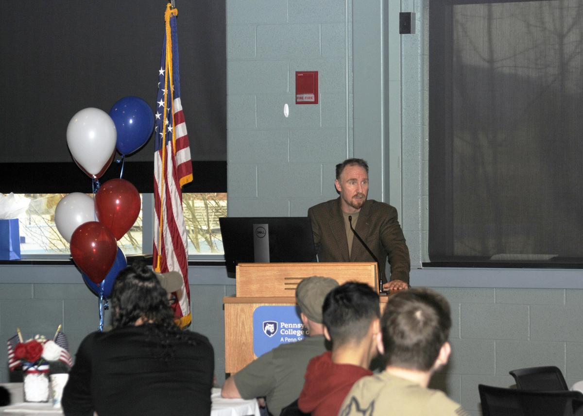 Army veteran John F. Chappo, assistant professor of history/history of technology, was the first of the day's speakers – one each from faculty/staff, alumni and the current student body – to retrace their path from military service to Penn College. Relating how the crucible of camaraderie melts away all distinction and class, he said, "There's not a soul on this planet that I can't learn something from if I'm open and receptive."