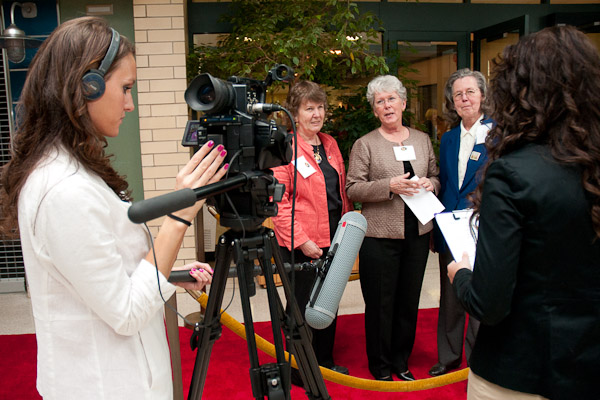 Receiving the "red carpet treatment" are the daughters of the late Kenneth E. Carl, former president of Williamsport Area Community College and director of Williamsport Technical Institute: Marilyn Seeling, Susan Best and Joann Ertel (background from left). 