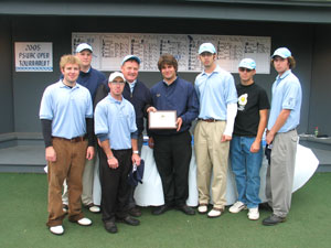The 2005 Penn College golf team celebrates its Penn State University Athletic Conference Open Tournament title %96 and its 100th consecutive victory %96 outside Penn State's White Course. In the front row are Matt Haile, left, and Shaun McQuay. Back row, from left, are Tony Stopper, coach Chet Schuman, Gibby Balliet, Ryan Nornhold, Andrew Hurst and Len Nicholas.