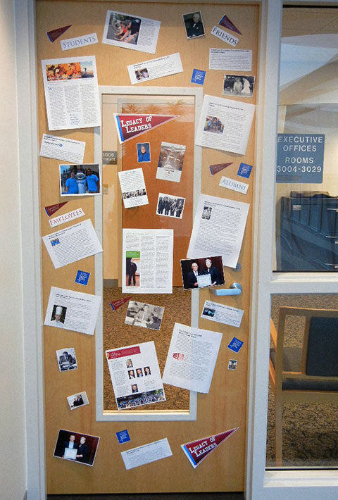Alumni Relations' entry in the door-decorating contest fittingly honors a 