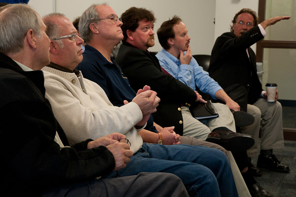 An architectural design jury, conducted in the architectural technology wing of the Hager Lifelong Education Center, is comprised of alumni experts. From left: James J. Bohensky, David M. Hamilton, Ernest L. Airgood, Roger M. Williams, Clifford 