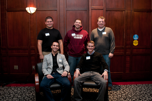 Former Student Government Association presidents pause for a group photo at the Student Leaders Reunion downtown. Seated, from left, are Jesse R. Viani (2002-03) and Scott M. Elicker (Fall 2009) . Standing, from left, are Gregory J. Miller (2011-12), Brian D. Walton (2008-09) and Adam J. Yoder (2010-11).