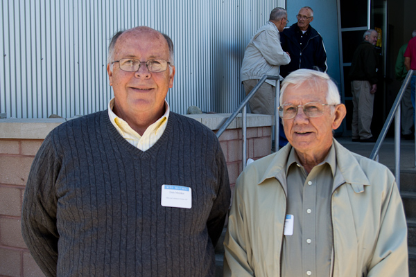 Former faculty members at Saturday's WTI reunion (and a familiar and loyal presence at all manner of other institutional events): Dale A. Metzker, printing and publishing (left), among the college's Master Teachers, and Chalmer Van Horn, drafting.