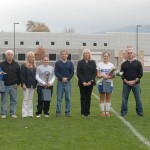Graduating seniors on the women's soccer team were recognized prior to Saturday's game against Alfred (N.Y.) University. Joining coach Markus S. Rybak and their parents are, from left, Sara E. Larson, Cortney Swinehart, Jocelyn E. Moyer and Kierstin G. Steer. Senior Kerry A. Weber was unable to attend due to an exam.
