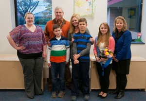 Students in Penn College’s Early Educators Club present a check to the Mattie Family and the First Community Foundation Partnership of Pennsylvania for Connor’s Connection. From left: student Rosalee J. Mead, president of Early Educators; Ray and Michelle Mattie and sons Sam and Connor; student Michele C. Markardt, Homecoming Queen; and Dawn Linn, vice president of philanthropy for First Community.