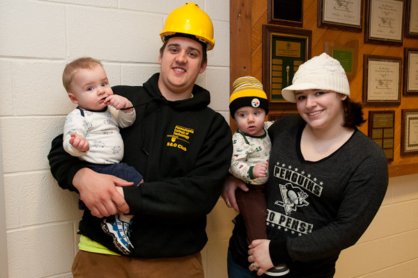 Prior to competing in the Heavy Equipment Rodeo, Zachary Waggle, a sophomore in heavy construction equipment technology: operator emphasis from Somerset, gets some extra support from his 8-month-old twin sons, Brent and Brayden, and their mother, Cassie. 