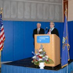 Welcoming students to campus, Penn College President Davie Jane Gilmour introduces the senator to a Field House audience.