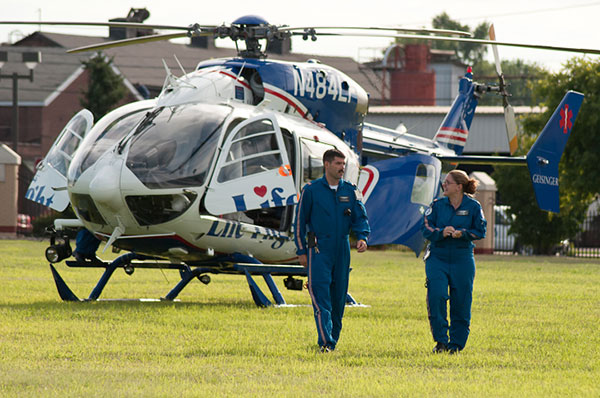 Flight medic Tony A. Bixby and flight nurse Danielle N. Houtz, both part-time faculty members in the college's School of Health Sciences, were part of the morning's crew.