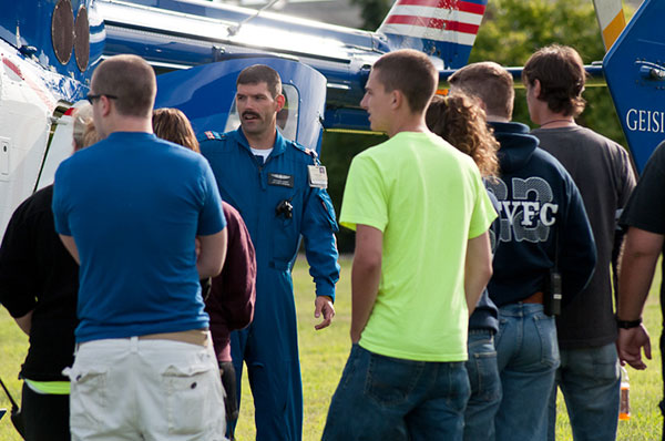 Bixby talks with students about the challenges and rewards of flight medicine.