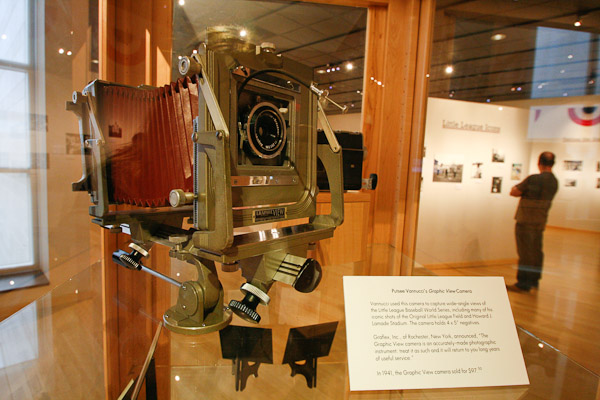 A number of cameras are on display, including this 1940s-era Graphic View model. Bought for $97.50 in 1941, the camera was used to capture wide-angle views of the Little League Baseball World Series – including many of Vannucci's iconic shots of the Original Little League Field and Howard J. Lamade Stadium.