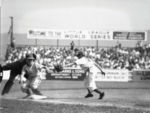 A 1953 Little League Baseball World Series photo by the late Putsee Vannucci shows a close play on the basepaths between Front Royal, Va., and Vancouver, British Columbia. The Gallery at Penn College will display a selection of Vannucci’s World Series photographs from July 12 to Aug. 30.