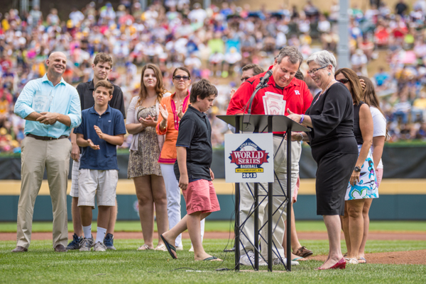 New Jersey Gov. Chris Christie is enshrined into the Little League Hall of Excellence, along with former teammate – best-selling author Harlan Coben (at left). The two men, who played together in the Livingston American Little League in the 1970s, are the first teammates to be inducted.