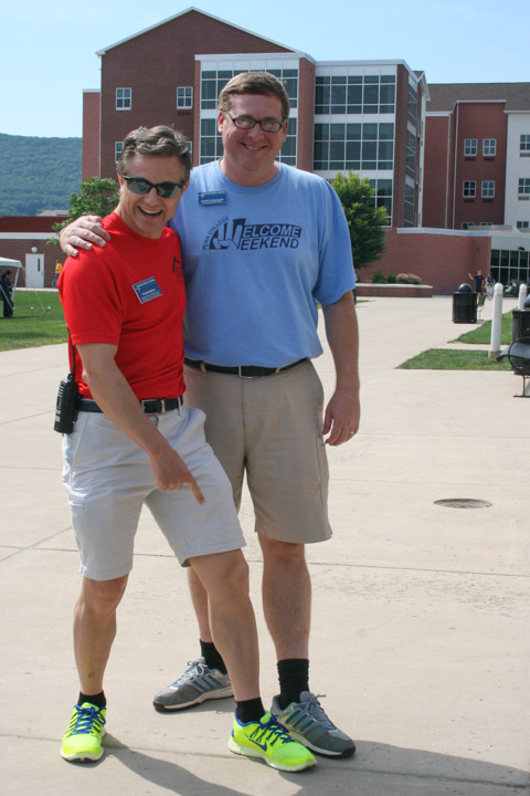 Timothy J. Mallery's bright yellow sneakers were a topic of humor and conversation. The assistant director of residence life is joined here by Elliott Strickland Jr., chief student affairs officer. 