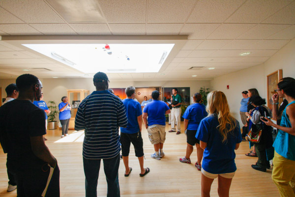 Paul R. Watson II, dean of academic services and first year programs, addresses those gathered at the Multicultural Welcome Reception in the lobby of The Gallery at Penn College ...