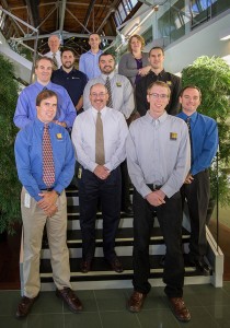 Penn College alumni and others from Larson Design Group recently gathered in the Student and Administrative Services Center. Front row, from left: Brad Pryor, ’99; Keith Kuzio, CEO, Larson Design; Brad Breneisen, friend of the college; and Brad James, ’92. Second row, from left: Joseph Pfirman, ’87; Donald Speck, ’06; Christopher Iachini, ’92; and Adam Starr, ’11. Third row, from left: Tim Hampton, ’62; Nick Hannan, ’08; and Marianne Guinter, ’98.