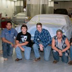 Kelvin A. Ortiz (left), leading the Penn College "Lincoln" team, poses with some of the Williamsport Area High School automotive students who will be responsible for mechanical maintenance of the vehicle. From right are Charles Wikstrom, Josh Flexer, Shaun Williams and Jordan Viehdorfer., who accompanied instructor Pat Dixon to campus.