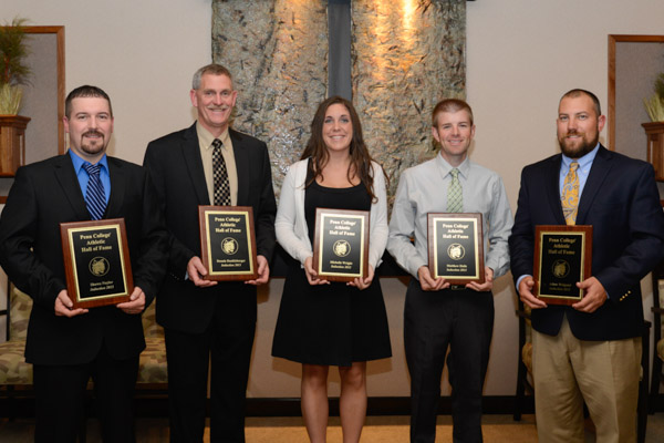 Athletic Hall of Fame inductees (from left): Shawn C. Naylor, Dennis L. Dunkleberger, Michelle L. Wright, Matthew R. Haile and Adam N. Waigand. A sixth honoree, Maria Bova Strohl, lives in Florida and did not attend Friday's banquet.