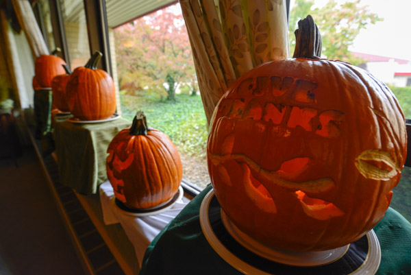 ... and front of the house: Jack 'o lanterns line the window sill in Le Jeune Chef.