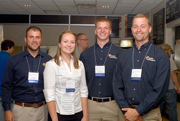 The related Centre Hall businesses of Scott's Landscaping Inc. and Wheatfield Nursery brought an all-star alumni team to the ESC Career Fair. From left are Jeremy L. Thorne, Melissa D. (Berrier) Cramer, Jackson J. Albert and Frederick B. Smithmyer. Thorne and Albert are 2013 graduates in ornamental horticulture; Cramer (2008) and Smithmyer (2002) hold degrees in landscape/nursery technology.