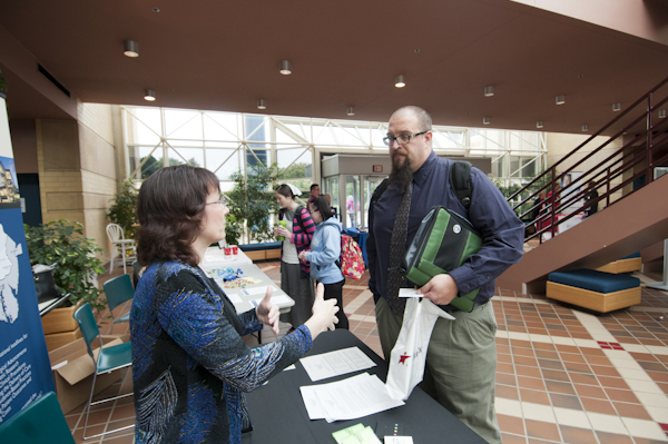 Steven D. Robinette, a nursing student from Selinsgrove, talks with Diane Craven, of Evangelical Community Hospital.