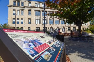 A marker in front of Penn College’s Klump Academic Center, the former Williamsport High School, highlights historical and current activities in the building. It is one of 17 such markers delineating a new History Trail on campus.