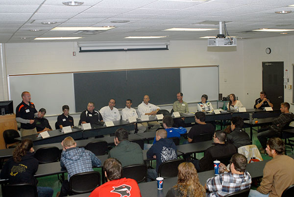 Ryan K. Allar, a 2005 landscape/nursery technology graduate, details his background during introductions of an alumni panel at the ESC. As part of the anniversary celebration for the major,  students were treated to industry advice in a lively discussion moderated by instructor Carl J. Bower Jr.