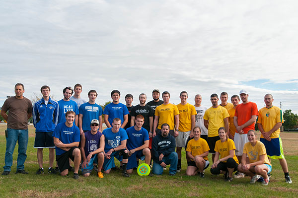 Alumni and current students met on the Madigan Library lawn for a popular Ultimate Frisbee match Saturday morning.
