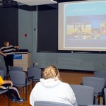 Kristina A. Petersen gives students a tour of LadyLions.com, which integrates social media to share the latest women's basketball news.