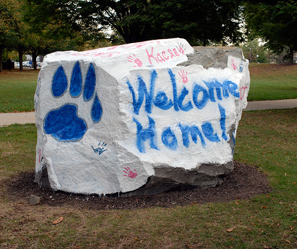 Returning alumni saw a welcoming message on the campus rock, thanks to the Residence Life Office.