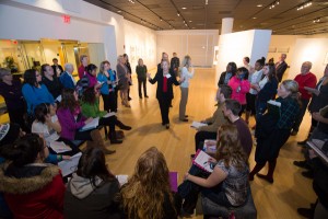 Cecilia Ross (center), granddaughter of Zelda and F. Scott Fitzgerald, conducts an impromptu conversation with students enrolled in the Sociology of Relationships and Marriage course taught by June Kilgus, an adjunct sociology faculty member who regularly sends her classes to The Gallery as part of their studies.