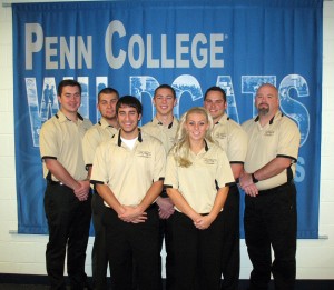 Faculty adviser Wayne R. Sheppard (right) joins his team of Penn College construction management students that placed third in national competition: From left, Everett J. Zaluski, of Warrington; Anthony V. Rode, of Lords Valley; Nicholas S. Tomaine, of Lafayette Hill; Charles J. Lutz, of Reading; Alanna P. Ottenberg, of Latrobe; and team captain Preston K. Nelson, of New Tripoli.