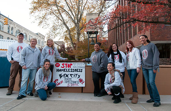 Takin' it to the streets are (standing from left) faculty member D. Robert Cooley and applied human services students Tyler R. Mausteller, of South Williamsport; Gretchen T. Chambers, of St. Peters; Eve A. Allen, of Williamsport; Andrea K. Grande, of Williamsport; Ashley N. Myers, of Williamsport; and Brittany L. Ohnmeiss, of Muncy. Kneeling are Lacy D. Schoonover (left), of Williamsport, and Rachel K. Young, of Montgomery.