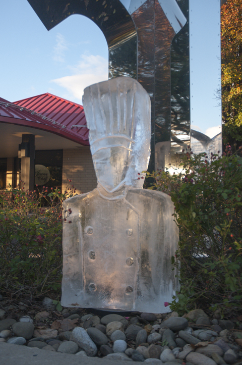 Ice sculptures, prepared by students in the Artistic Buffet Decoration course, greet diners.
