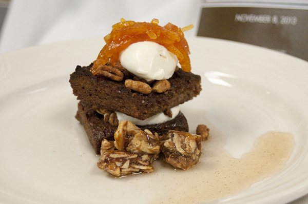 Dessert: Spiced persimmon almond cake with agave whipped mascarpone and kamut crumble.
